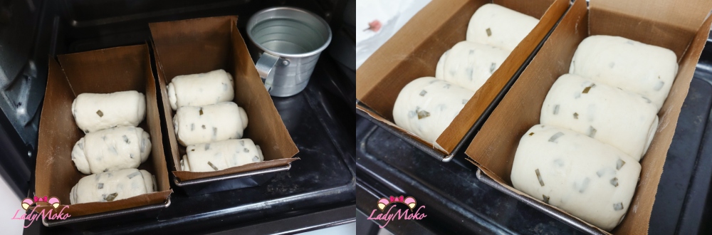 吐司麵糰二次發酵 膨脹至模具八分滿狀態 Second proofing dough rising close to top of loaf pan