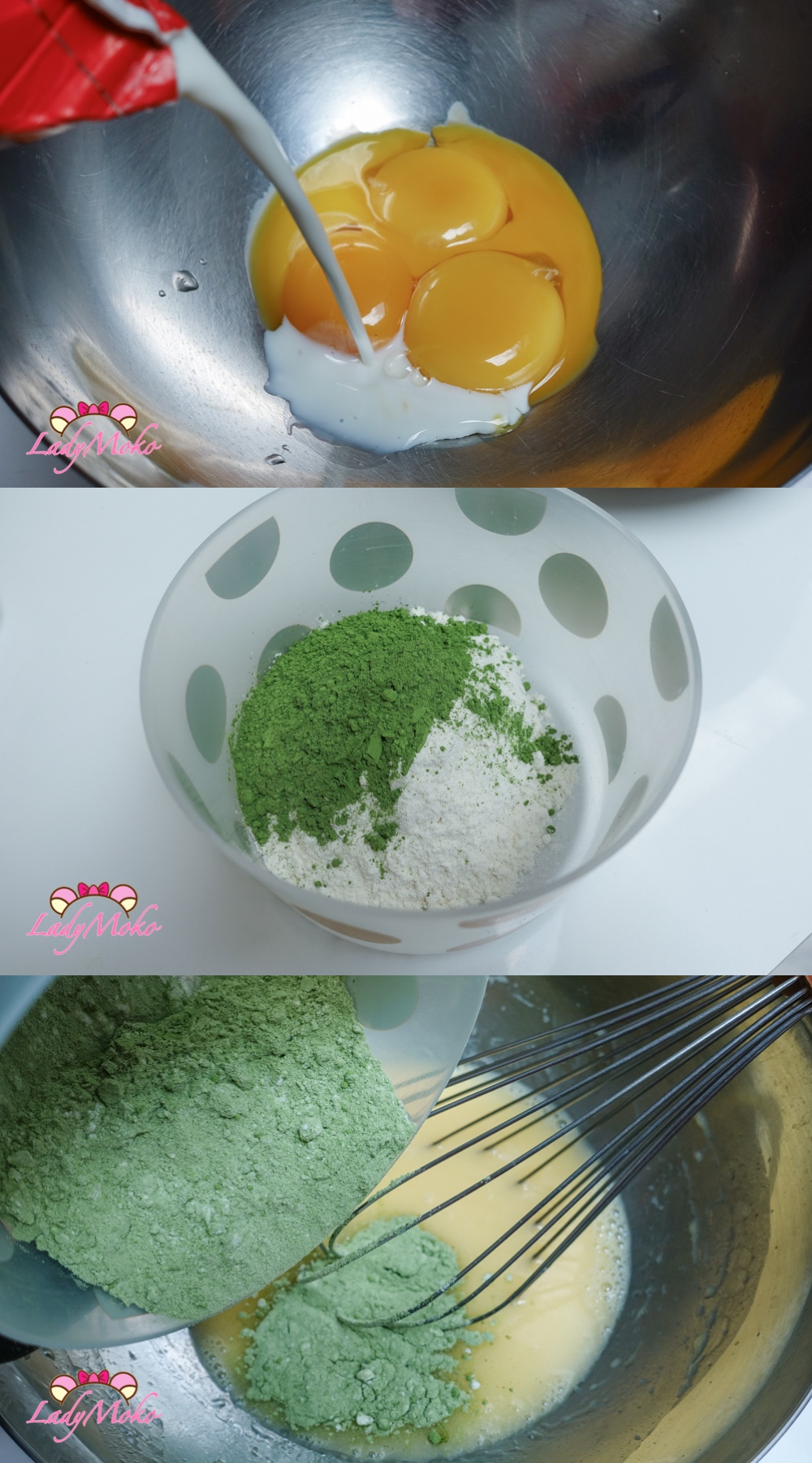 超厚抹茶櫻花雙餡抹茶蛋糕捲食譜 Matcha Sakura Roll Cake Recipe 液體打但、加入過篩粉類