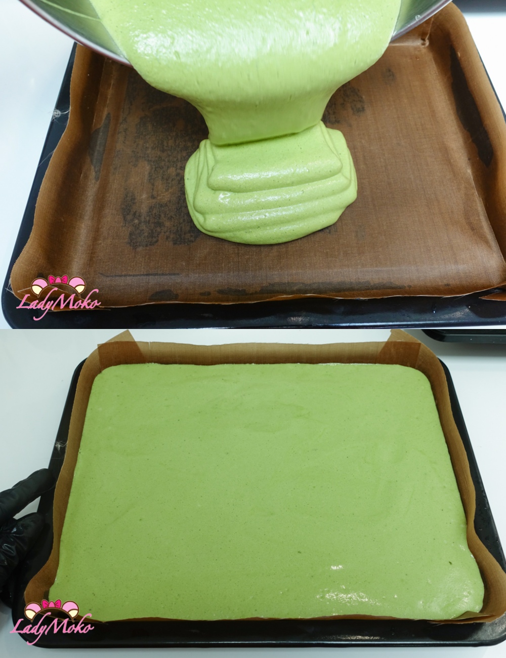 超厚抹茶櫻花雙餡抹茶蛋糕捲食譜 Matcha Sakura Roll Cake Recipe 麵糊倒入深烤模中