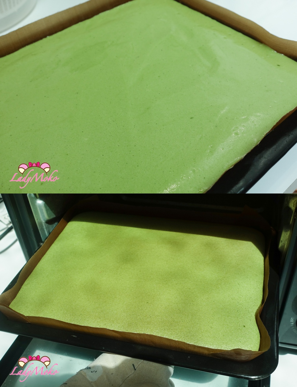 超厚抹茶櫻花雙餡抹茶蛋糕捲食譜 Matcha Sakura Roll Cake Recipe 麵糊表面刮平、送入烤箱烘烤
