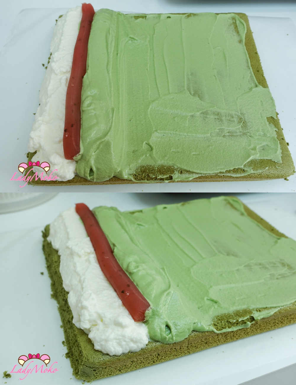 超厚抹茶櫻花雙餡抹茶蛋糕捲食譜 Matcha Sakura Roll Cake Recipe 蛋糕捲鋪上鮮奶油與櫻花白豆沙