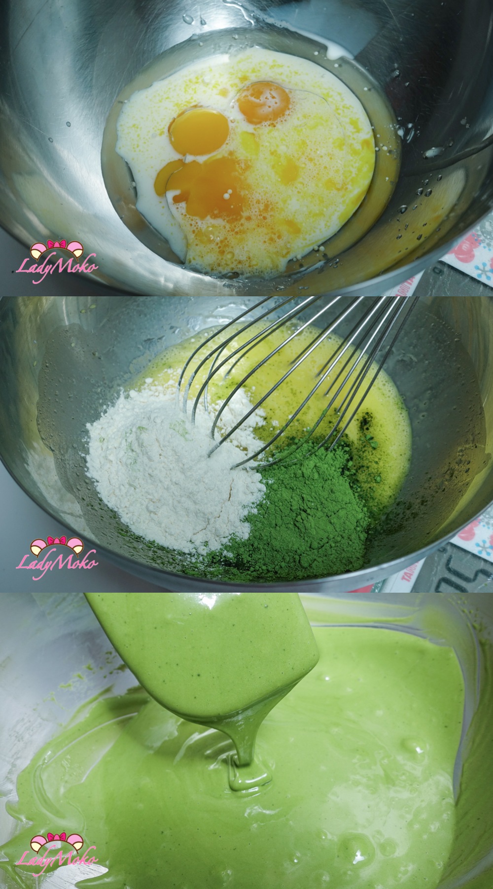 抹茶蛋糕捲素捲食譜 Matcha Roll Cake Recipe 打散所有液體並加過過篩的粉類