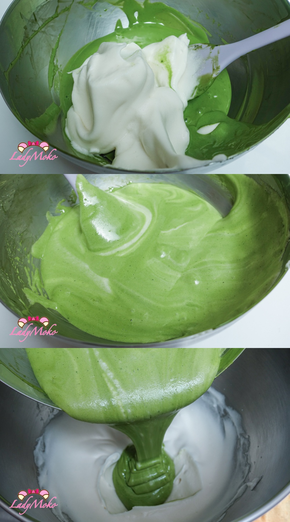 抹茶蛋糕捲素捲食譜 Matcha Roll Cake Recipe 將蛋白霜分次與蛋黃糊混合