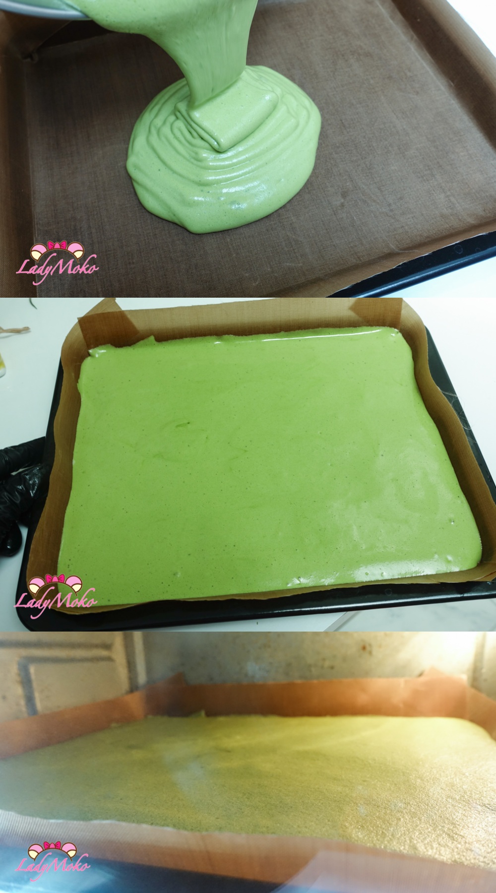 抹茶蛋糕捲素捲食譜 Matcha Roll Cake Recipe 將麵糊倒入深烤盤中並送入烤箱烘烤