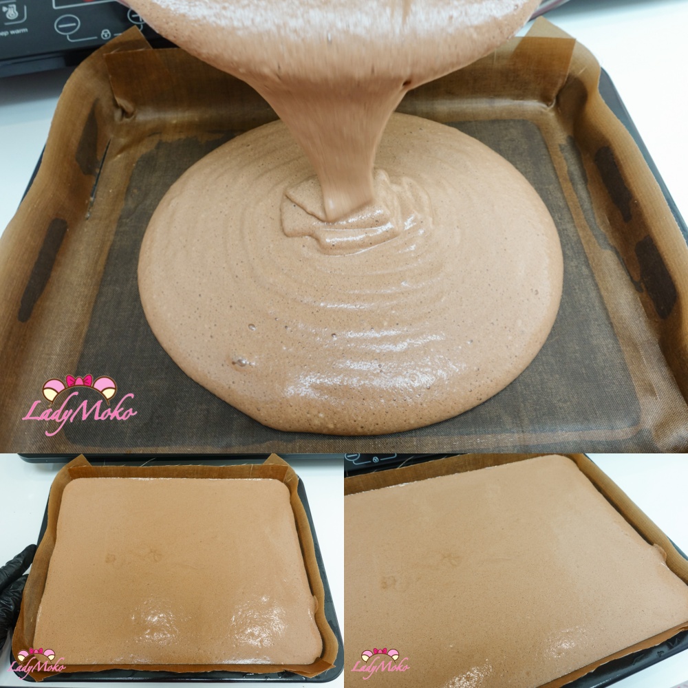無花果巧克力蛋糕捲食譜 Extra-Thick Fig Chocolate Roll Cake Recipe 將麵糊倒入深烤模中