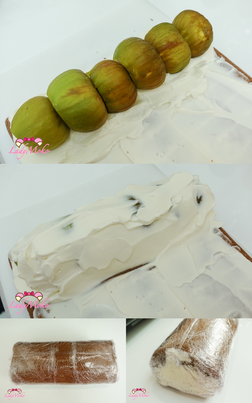 無花果巧克力蛋糕捲食譜 Extra-Thick Fig Chocolate Roll Cake Recipe 放上無花果,將蛋糕捲捲起並包上保鮮膜