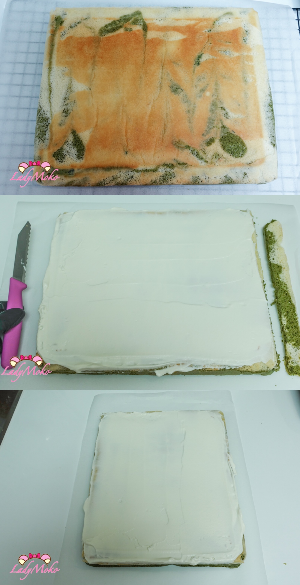 抹茶旋風蛋糕 Hurricane Matcha cake roll 塗抹鮮奶油並捲起來