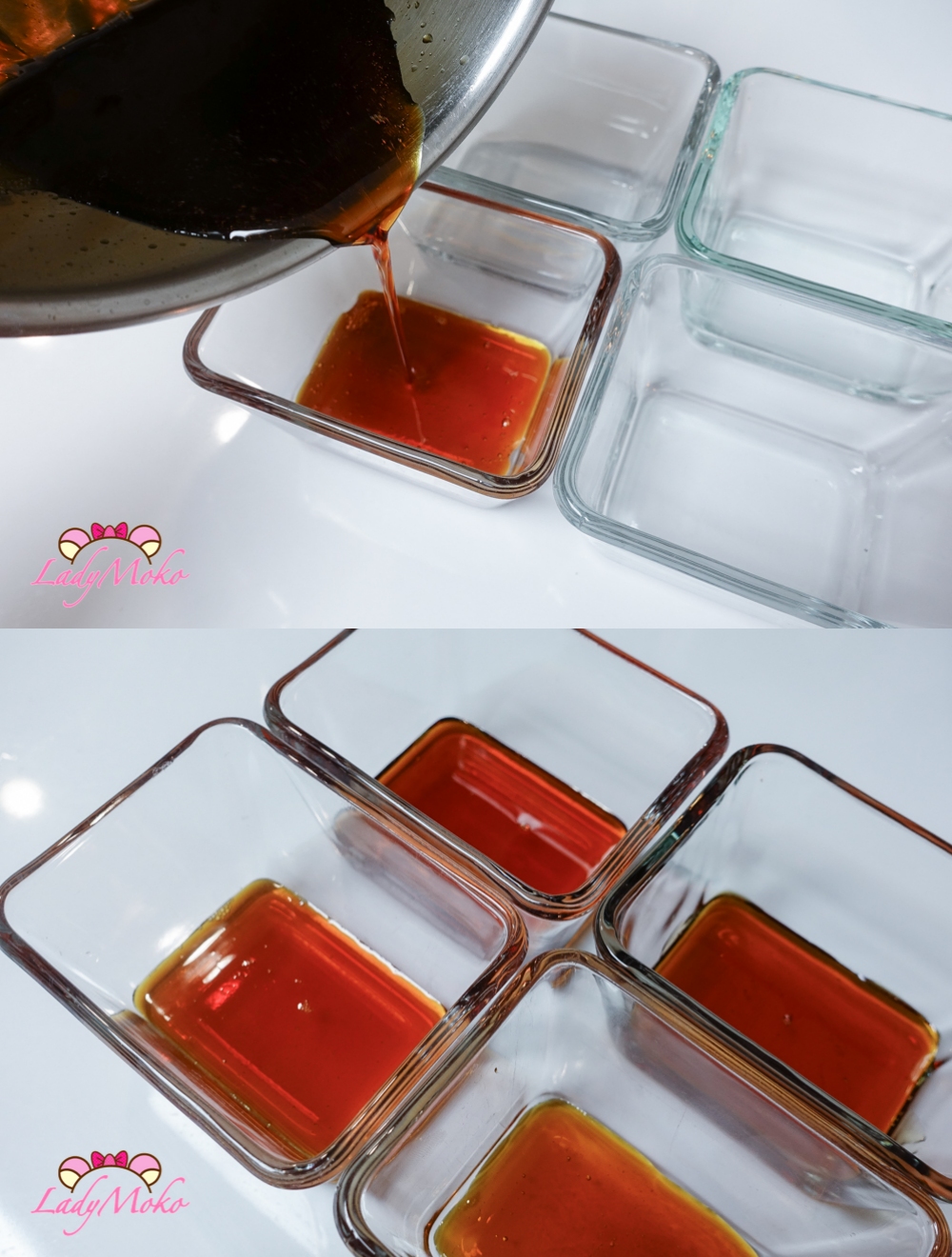 鐵觀音焦糖布丁食譜 Tieguanyin Caramel Pudding Recipe 將焦糖分別倒入杯子中
