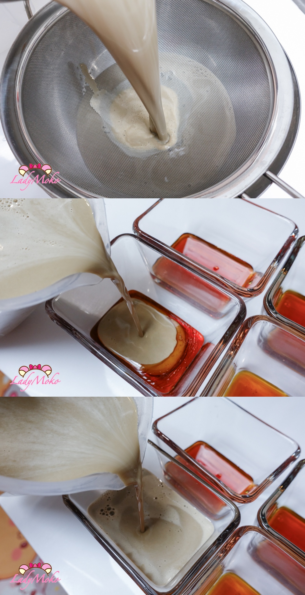 鐵觀音焦糖布丁食譜 Tieguanyin Caramel Pudding Recipe 將布丁液倒入布丁杯中