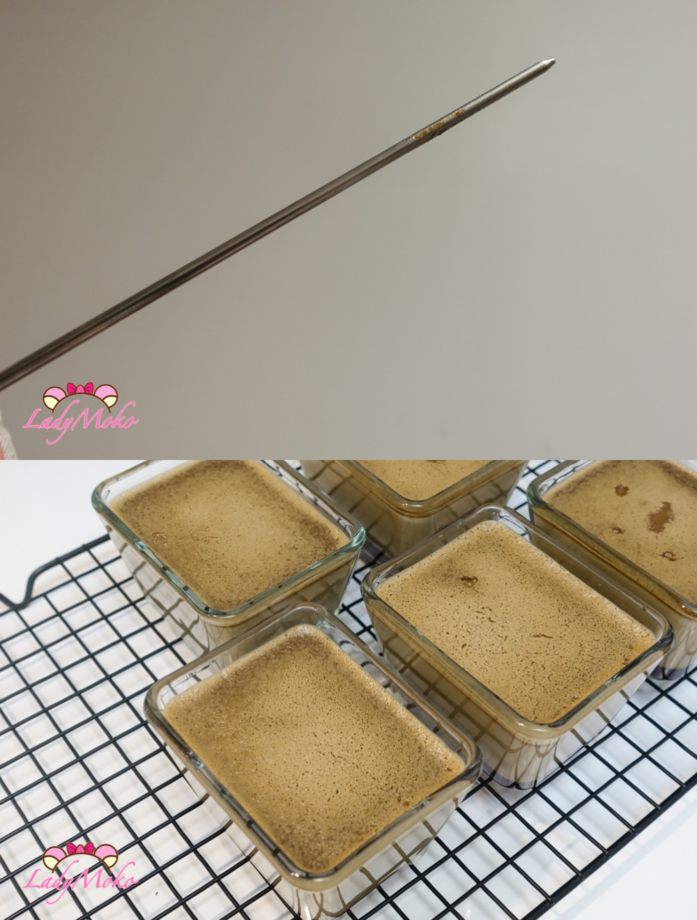 鐵觀音焦糖布丁食譜 Tieguanyin Caramel Pudding Recipe 用戳針確認布丁有烤熟,就可以出爐放涼