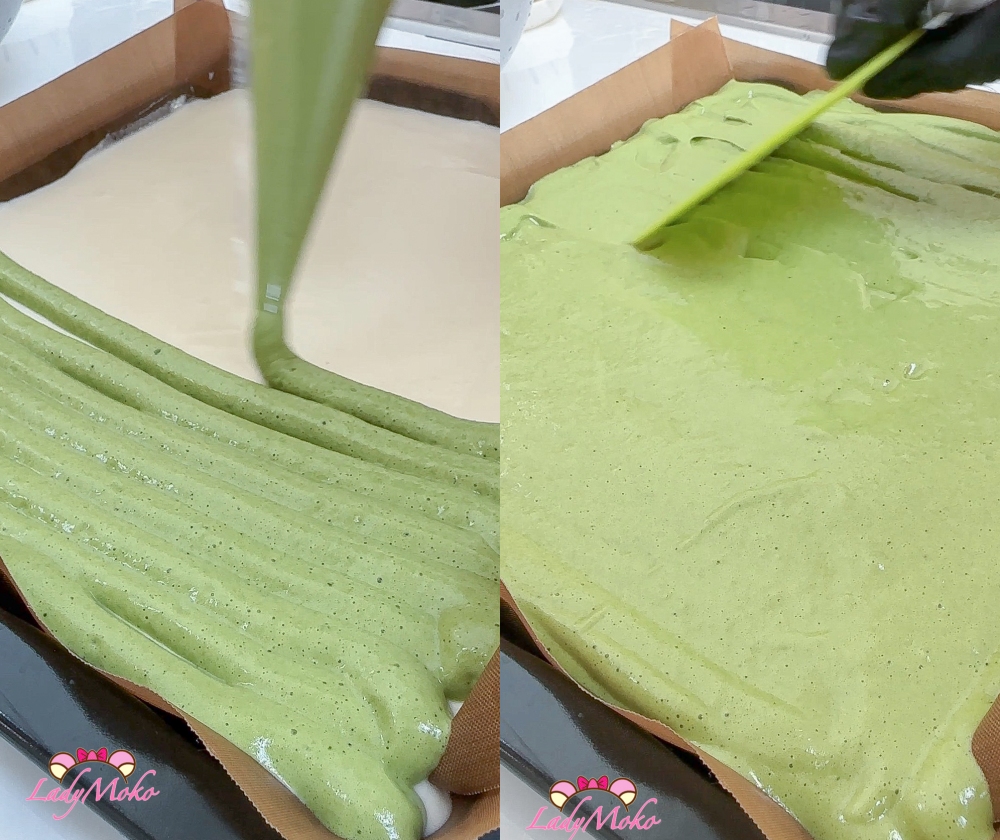 抹茶旋風蛋糕捲食譜 Hurricane Matcha cake roll 將抹茶麵糊擠在原味麵糊上並用刮刀刮平